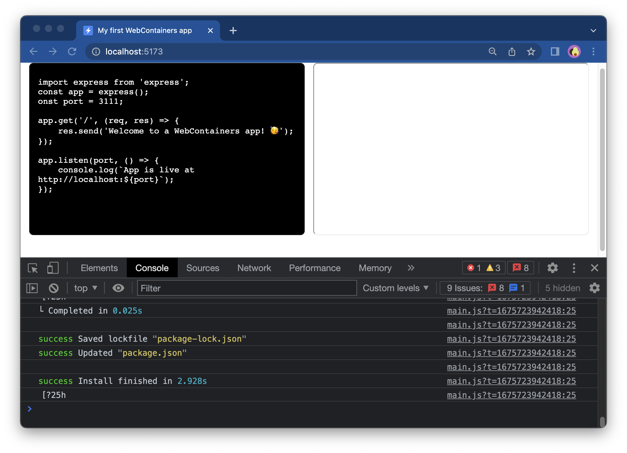 Output of pnpm install logged in the dev tools console